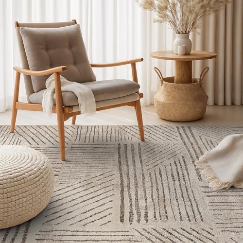 Rugshop Modern High-Low Patchwork Geometric Area Rug Indoor Cream 4' x 6&...