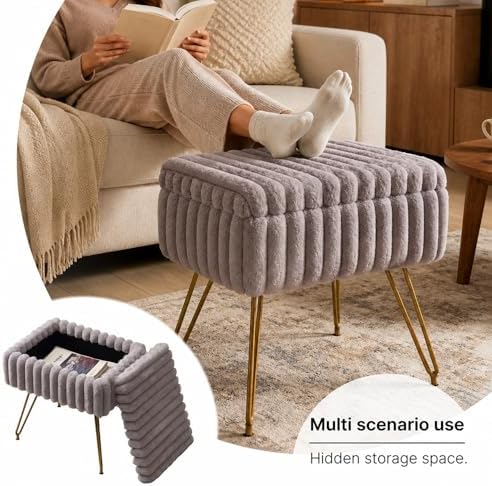 Faux Fur Storage Ottoman, Modern Soft Footstool, Storage Bench with Metal Leg...