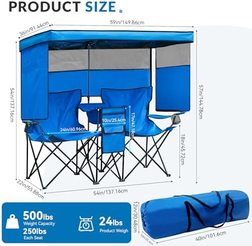 Double Beach Chair with Canopy Shade Oversized Camping Chairs with Canopy, Co...