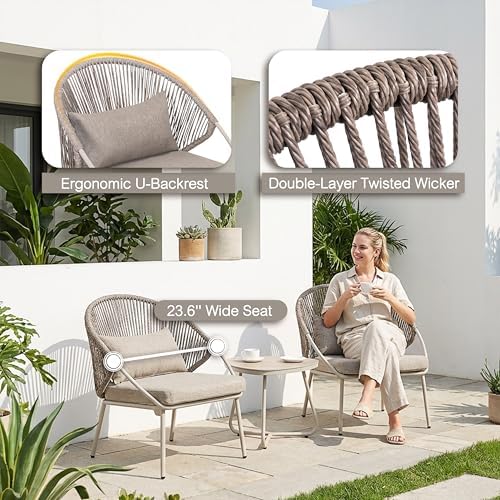 NUU GARDEN Outdoor 3 Piece Bistro Set, Woven Rope Chair with Zippered Cushion...