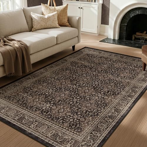 Dark Wood Brown 5x7 Rugs for Living Room Bedroom, Washable Rug with Vintage F...