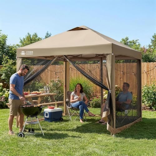 CROWN SHADES Gazebo 10x10 Pop Up Canopy with Mosquito Netting, Beige