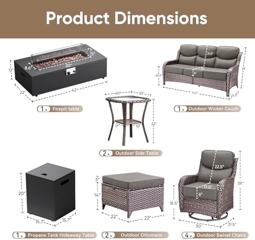 HUMMUH 11-Piece Patio Set with Swivel Rockers, Sofa and Fire Pit Table