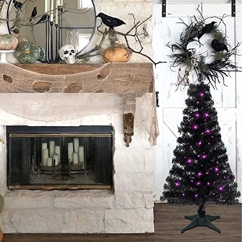 Juegoal Lighted Artificial Halloween Black Christmas Tree, 4FT Black Tinsel P...