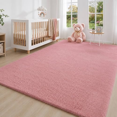 6x9 Ft Blush Pink Fluffy Area Rug for Living Room, Washable
