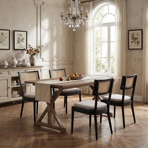 Rattan Dining Chairs Set of 6, Linen Upholstered Kitchen Chairs