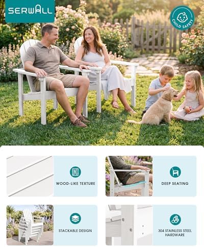 SERWALL HDPE Stackable Adirondack Chairs Set of 2,Space-Saving, White