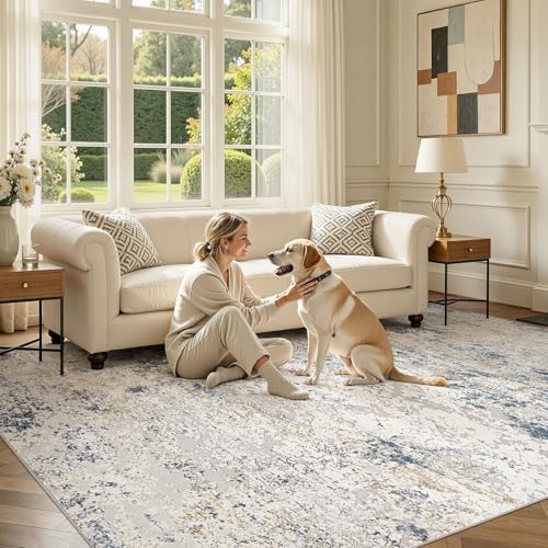 DMOYEST Area Rug Living Room Rugs 8x10 Washable Abstract Beige Blue Carpet