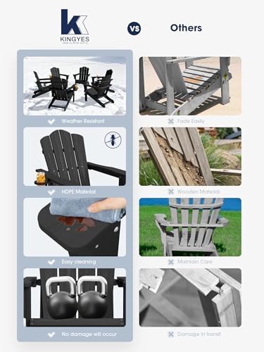 KINGYES Folding Adirondack Chair, All-Weather HDPE Material, Black, 2 Pack