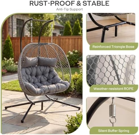 Double Egg Chair with Stand for 2 Persons, Oversized Patio Hanging Basket Cha...