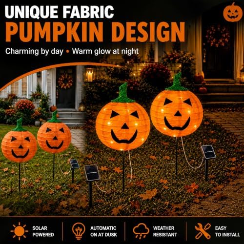 4Pack Solar Halloween Pumpkin Stake Light with 8 Lighting Modes, Fabric Lante...