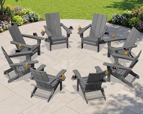 SERWALL Modern Folding Adirondack Chairs Set of 4, HDPE, Cup Holders, Gray