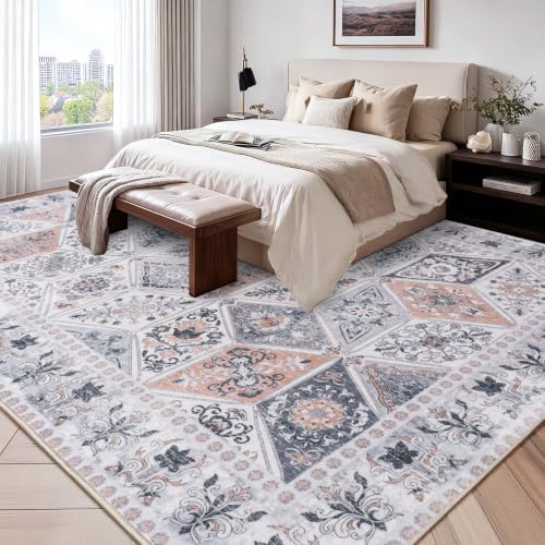 Moroccan Patchwork Washable Area Rug 6x9 for Living Room, Ivory Beige
