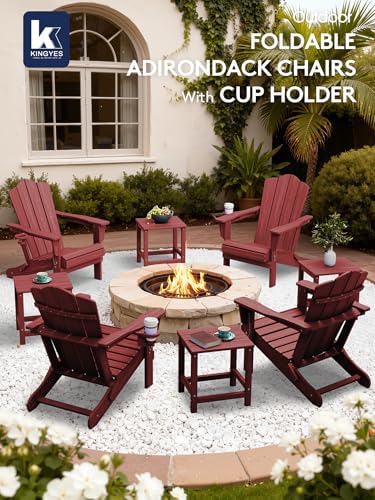 KINGYES Folding Adirondack Chair Set of 2 with Cup Holder, Red