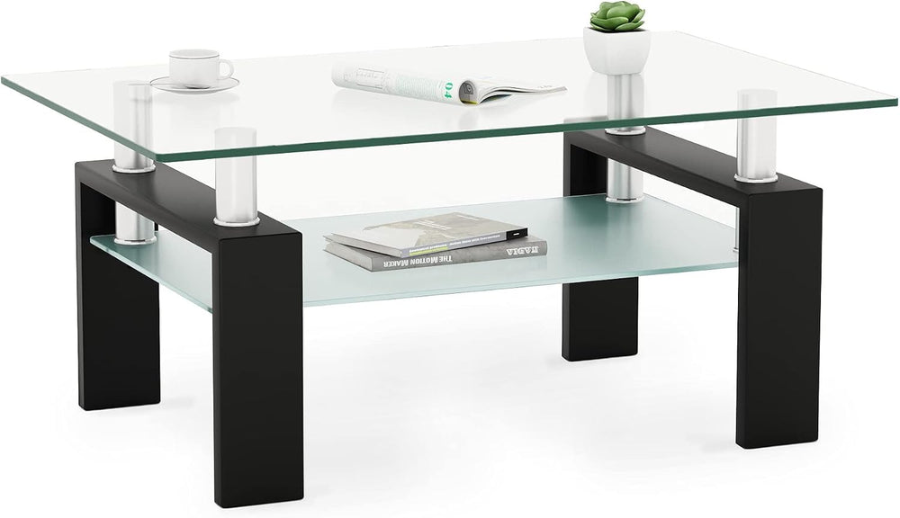 IANIYA Glass Coffee Table Metal Tube Glass Coffee Table, Livingroom Table (Cl...