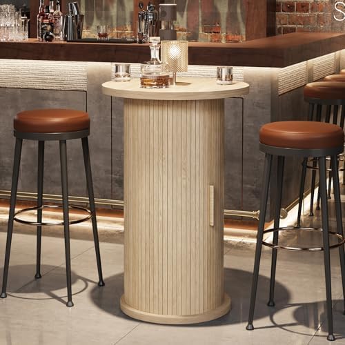 Round Bar Table with 3-Tier Hidden Storage Shelves Slide Door, 36.4''...