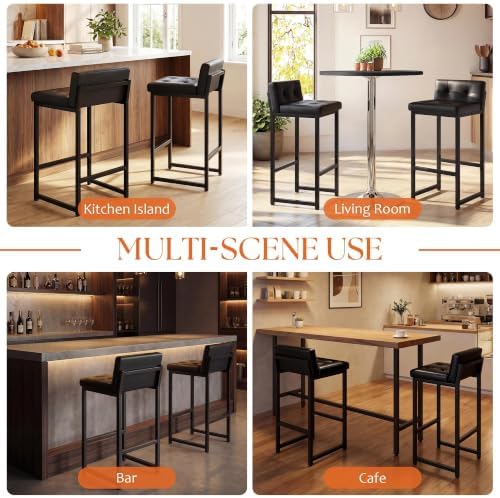 Bar Stools Set of 2, Counter Height Bar Stools Sets with Back, Faux Leather B...