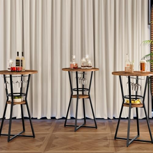 HOOBRO Round Bar Table, 2-Tier Counter Height Pub Table with Wine Glass Holde...