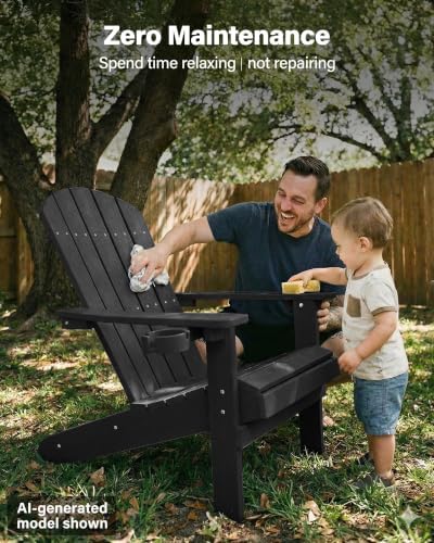 YEFU Adirondack Chair with Cup Holder, All-Weather Outdoor Chair, Black