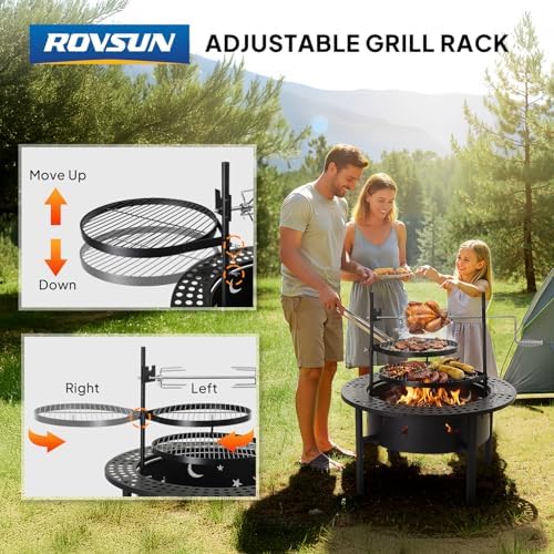 ROVSUN Upgrated 33'' Outdoor Fire Pit with 2 Grills, Grill with Side ...