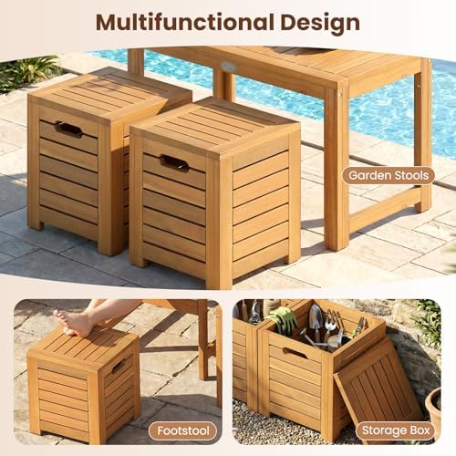 Tangkula Acacia Wood Outdoor Coffee Table with Stools Set of 2, 3 Pieces Pati...