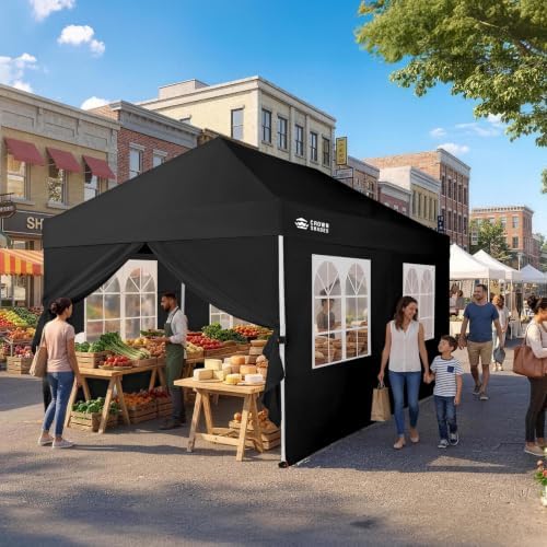 CROWN SHADES 10X15 Pop Up Canopy Tent with Sidewalls, Instant Setup, Black