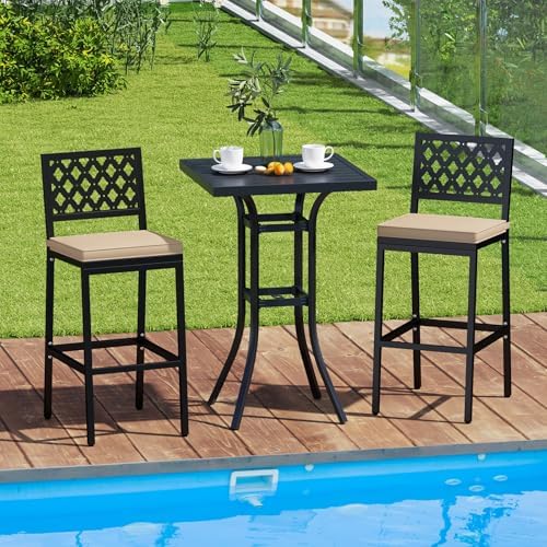 COSTWAY Outdoor Bar Chairs Set of 2 with Heavy-Duty Metal Frame and Cushion