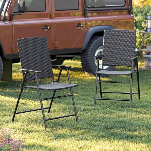 Tangkula Outdoor Folding Chairs Set of 2, Patio PE Wicker Dining Chairs with ...