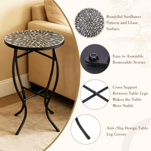 MUMTOP 14" Mosaic Outdoor Side Table, Small Round Patio Accent Table,Black