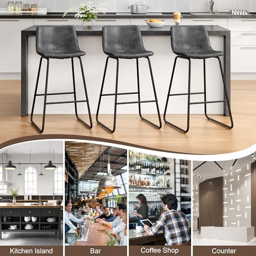 REONEY Bar Stools Set of 3, 26" Urban Faux Leather Counter Stools, Grey