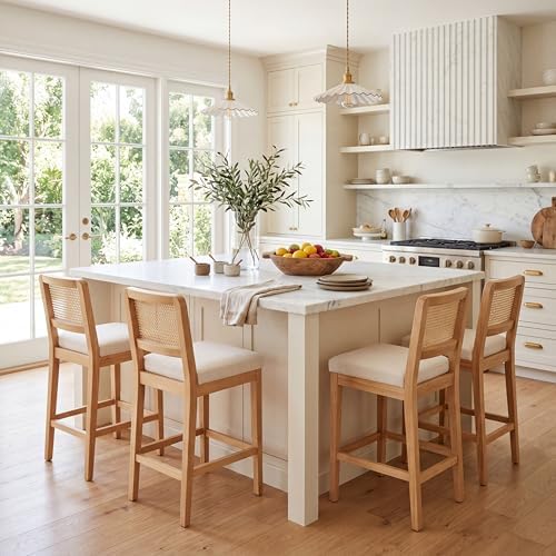 HNY Rattan Counter Bar Stools Set of 4, Farmhouse Bar Stools with Back and Wo...