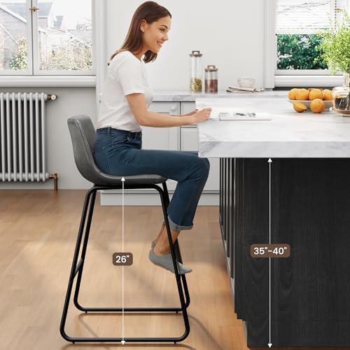 REONEY Bar Stools Set of 2, 26" Urban Faux Leather Counter Stools, Grey
