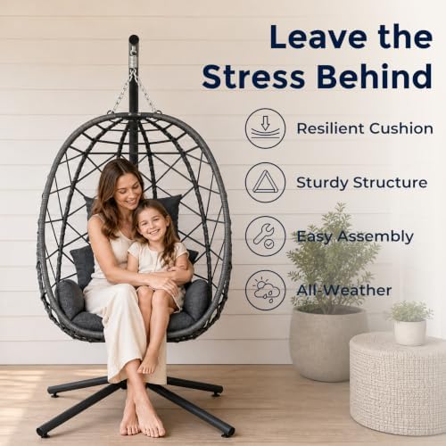 SWITTE Hanging Egg Chair with Stand Outdoor, Wicker Patio Swing, Grey