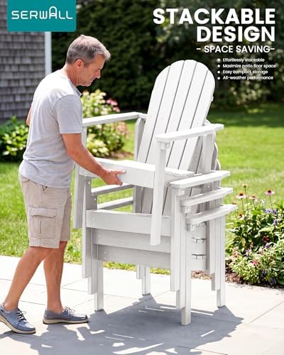 SERWALL HDPE Stackable Adirondack Chairs Set of 2,Space-Saving, White