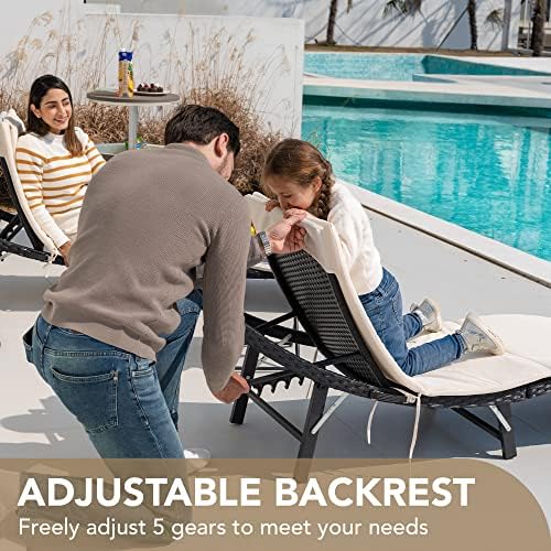Devoko Patio Chaise Lounge Sets Outdoor Rattan Adjustable Back 3 Pieces Cushi...