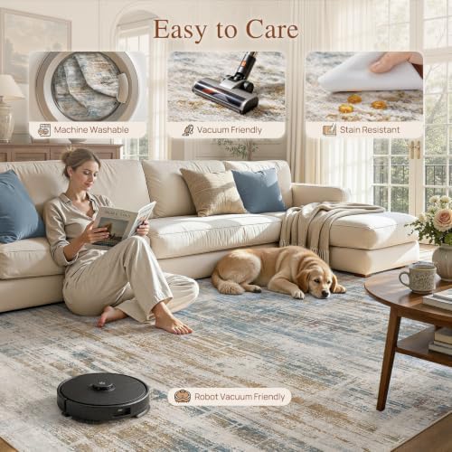 UERMEI 9x12 Area Rug for Living Room Washable Abstract Blue Brown Carpet