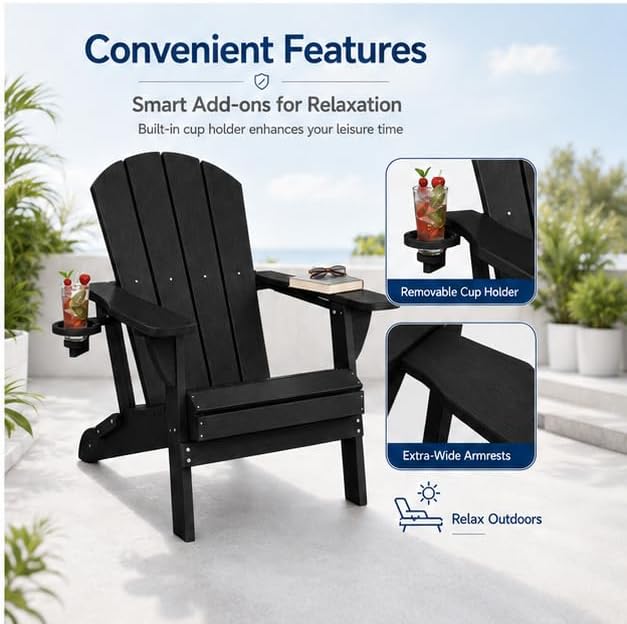 Folding Adirondack Chairs Set of 6 with Cup Holders, Heavy Duty HDPE Plastic ...