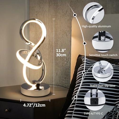Modern Table Lamp, LED Bedside lamp with USB C+A Ports, Touch Stepless Dimmab...