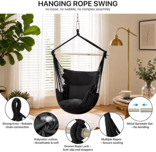 Athena Collection Hammock Chair Hanging Rope Swing, Black