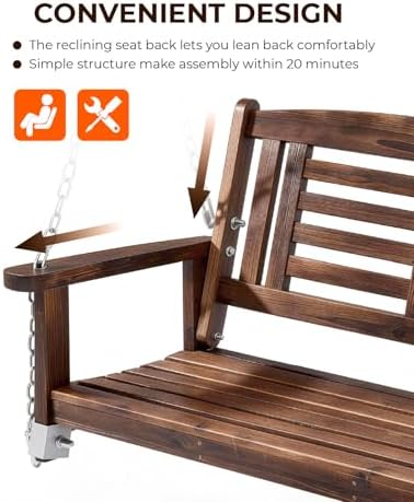 Outvita 44" Fir Wood Porch Swing with Reclined Backrest & Hanging Ch...