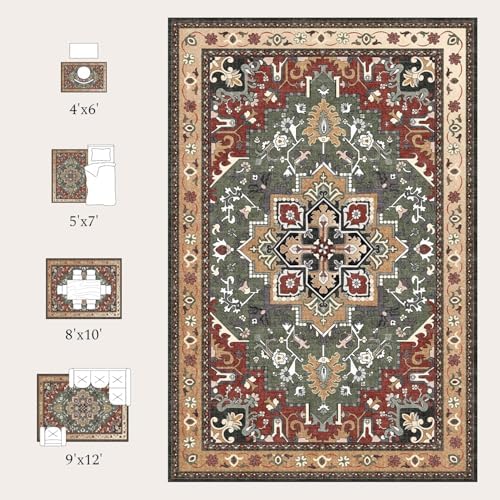Rugflix 9x12 Area Rugs for Living Room, Washable Red Green Large Rug