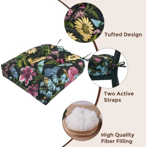 Indoor/Outdoor Tufted Seat Cushions, 19x19x5 Inch-Black Flower Butterfly