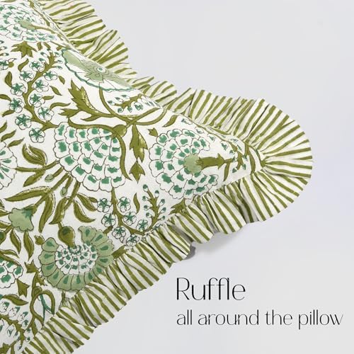 CPC Agate Green Block Print Ruffle Sham Pillow Cover 14x36 Inch, Pack of 1