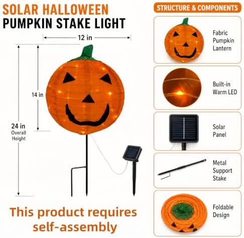 4Pack Solar Halloween Pumpkin Stake Light with 8 Lighting Modes, Fabric Lante...