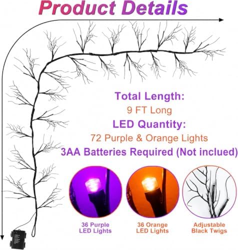 9 FT 72 LED Willow Vine Twig Decor Black Halloween Garland with Orange Purple...