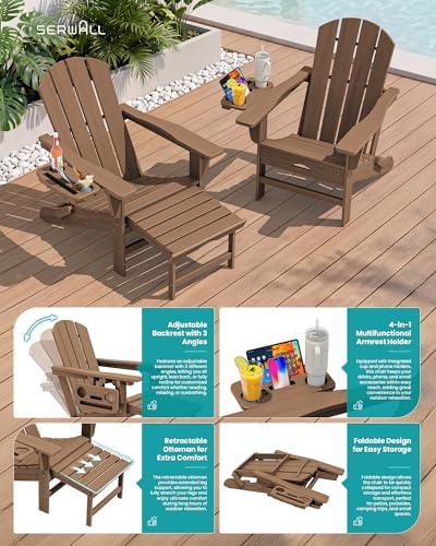 SERWALL Folding Adjustable Adirondack Chair with Footrest, HDPE Outdoor Chair...