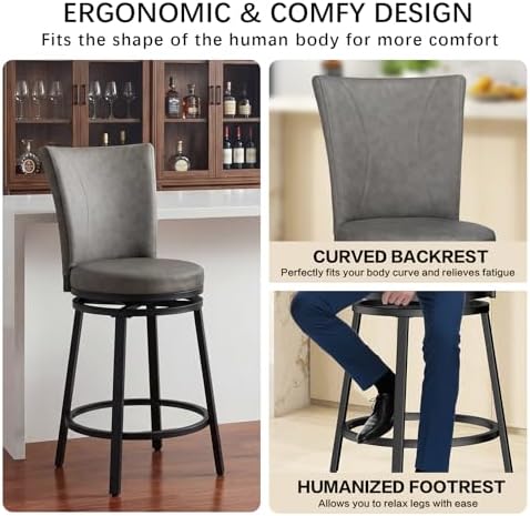 Bar Stools Set of 2, PU Leather Upholstered Swivel Barstool, 24″ Counter Heig...