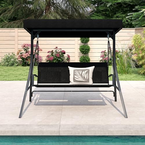 Tangkula 3-Person Wicker Porch Swing, 1000 lbs Max Load, Black
