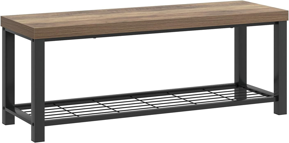 FOLUBAN Entryway Bench, Industrial Wood and Metal Storage Bench with Metal Sh...
