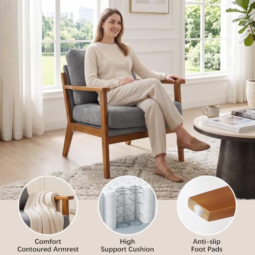 Mid-Century Modern Chenille Armchair, Walnut Frame Comfy Accent Chair, Grey
